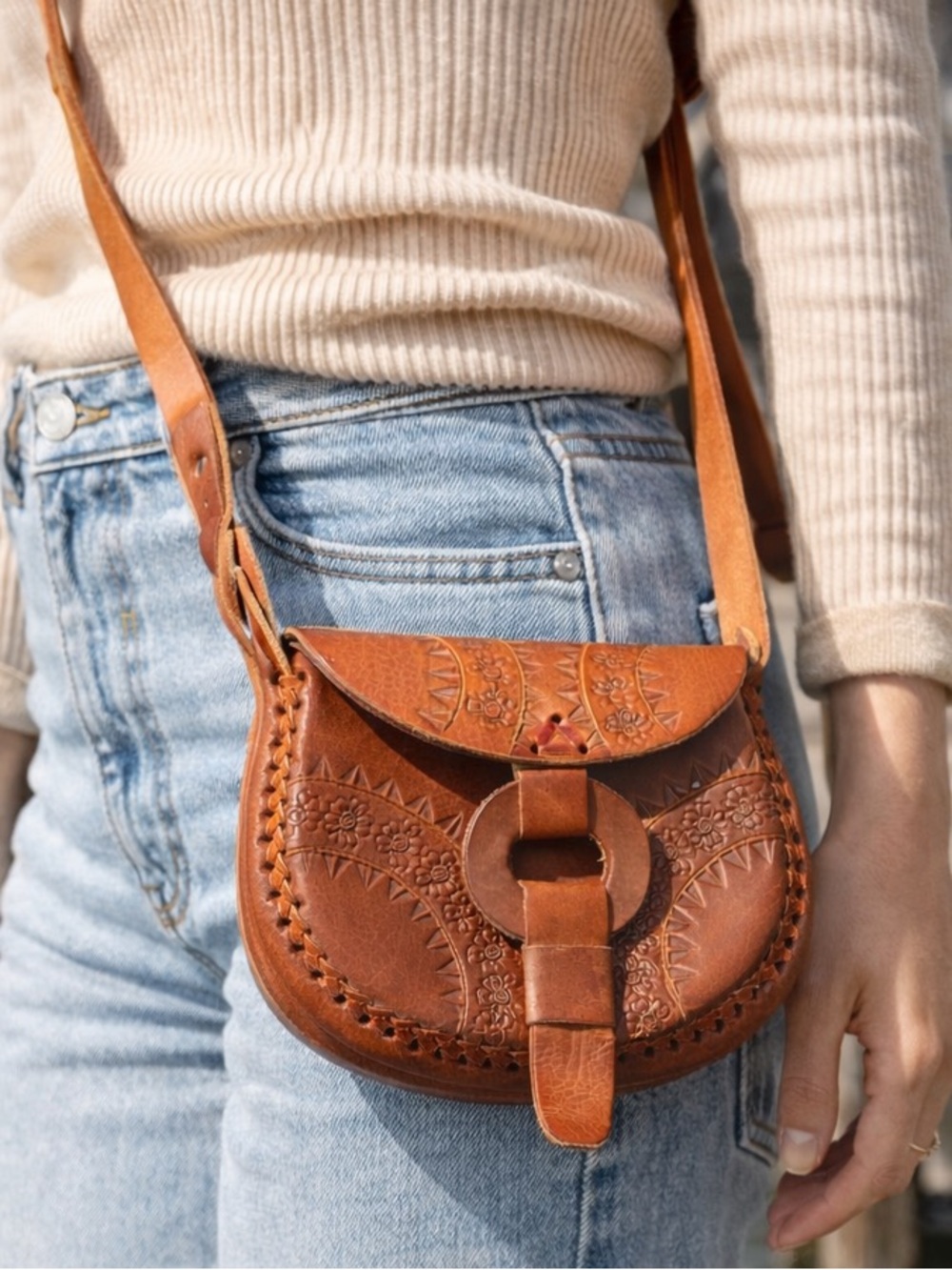 Hand-Tooled Brown Leather Crossbody Bag